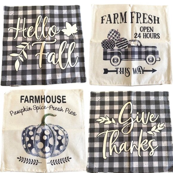4 Hello Fall Black Buffalo Plaid Canvas Throw Pillow Covers Holiday Farmhouse - Picture 1 of 7